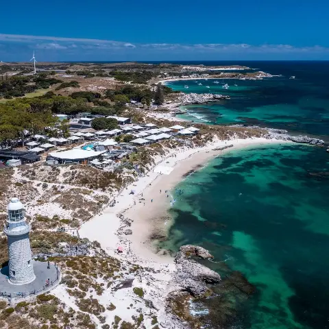 Aerial view of Bathurst Lighthouse and Pinky Beach